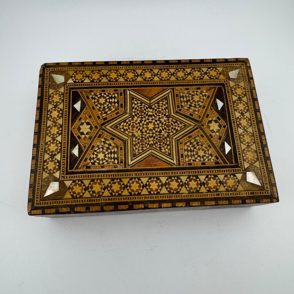 Vintage Khatam Marquetry Wood Jewelry Box Brown Inlaid Mother of Pearl Star
